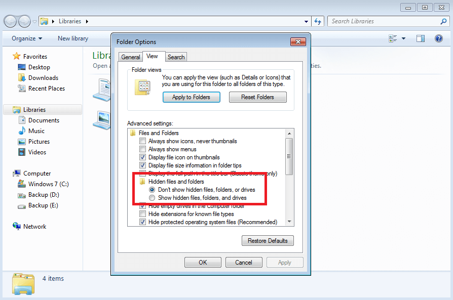 display windows 7 hidden files folder