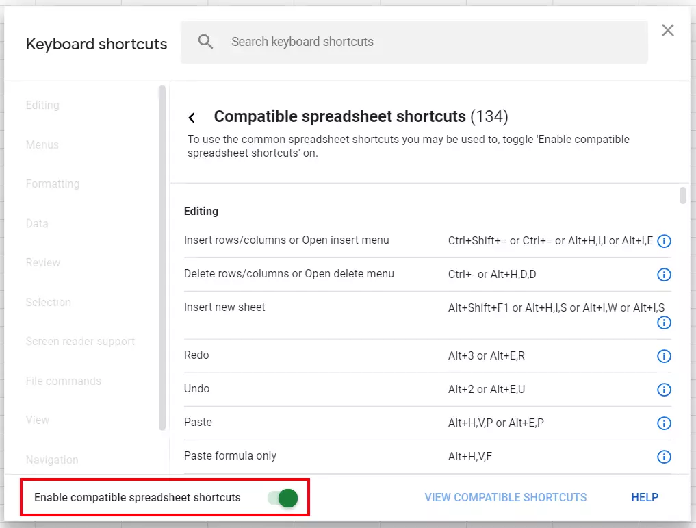 Google Sheets: enabling compatible spreadsheet shortcuts