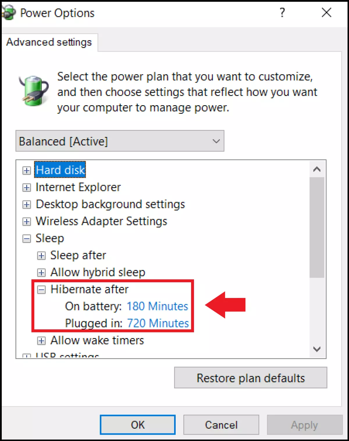 The advanced power settings in the Windows Power Options