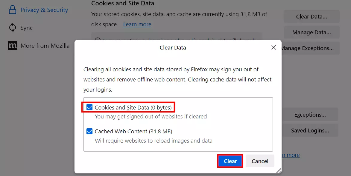 Clearing cookies in Firefox