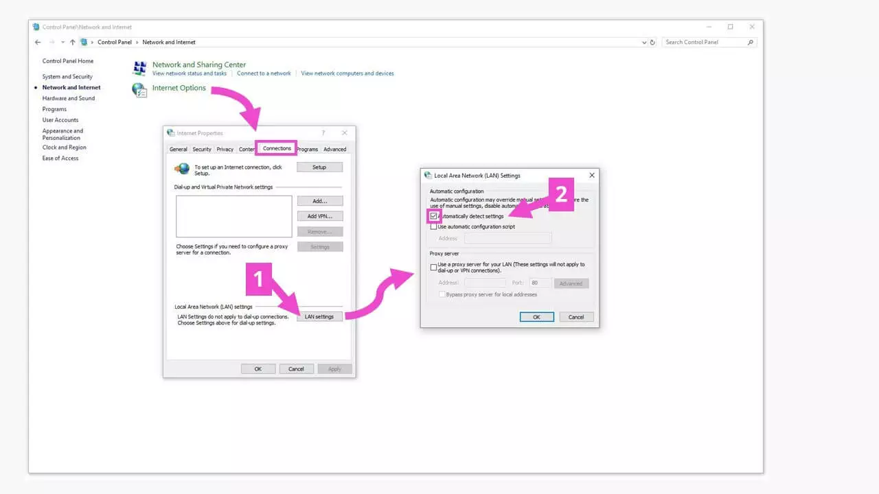 Windows Control Panel: Connection settings