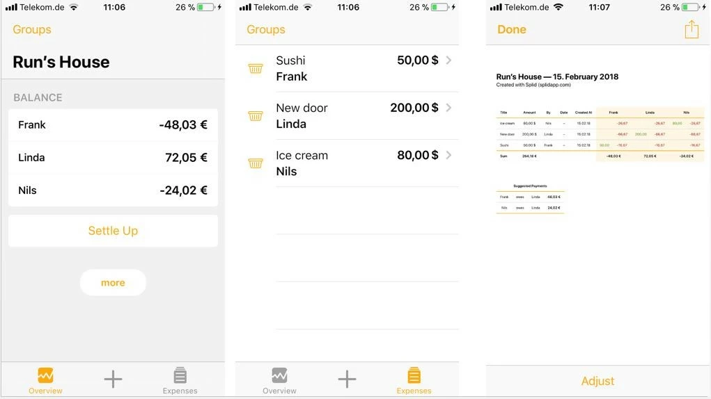 Screenshots from Splid: Groups – Expenses – Overview and Suggested Payments