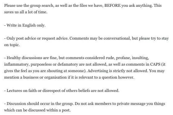 Screenshot: Example of netiquette in a Facebook group