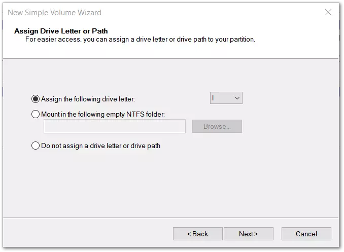 Windows 10: Window to assign a drive letter