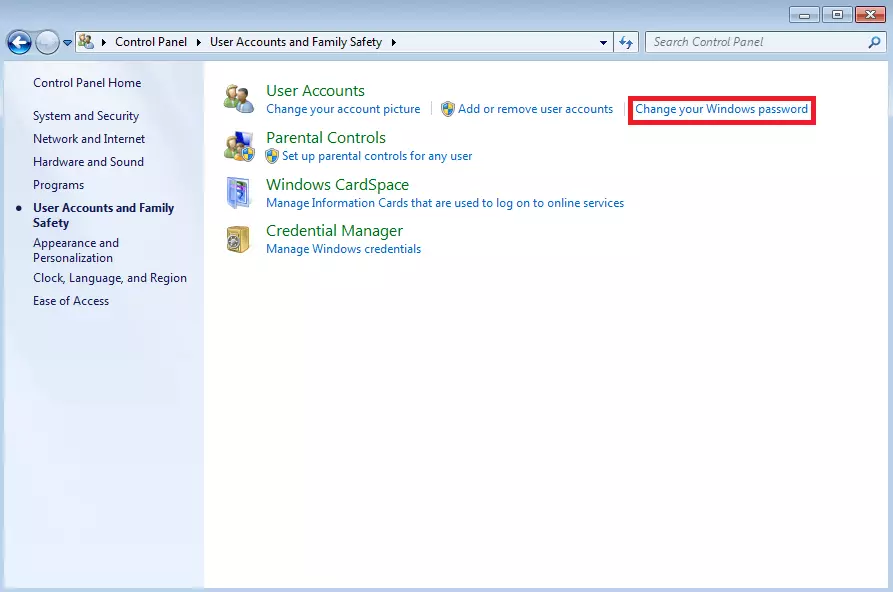 Windows 7 “User Accounts and Family Safety” menu