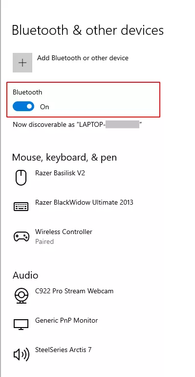 Screenshot of the Bluetooth settings of a PC