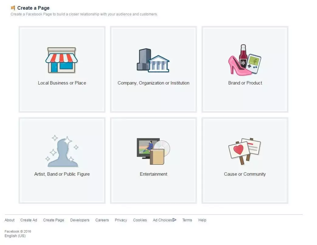 ‘Create a page’ on Facebook