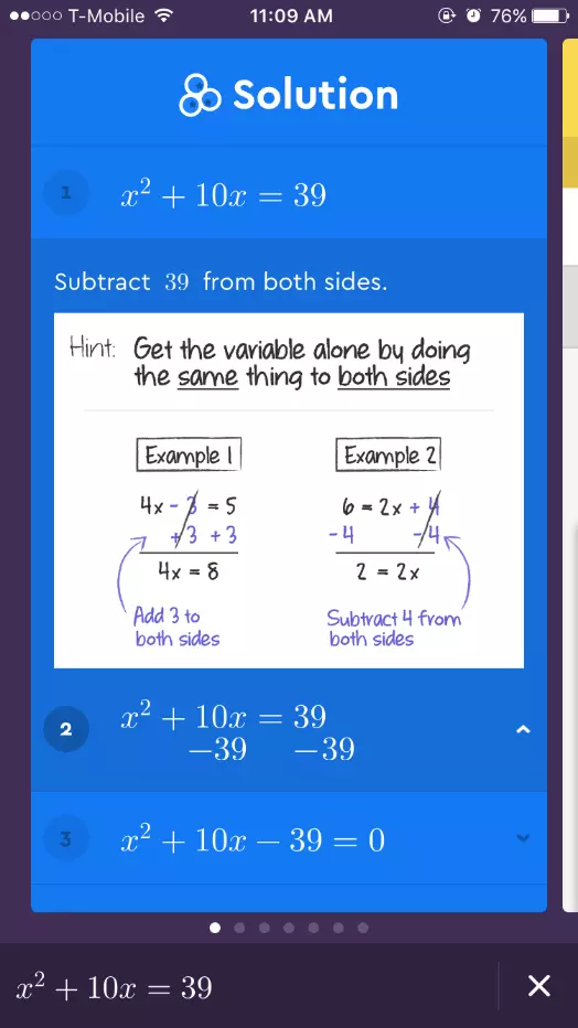 Screenshot of a math equation solved using the Socratic app