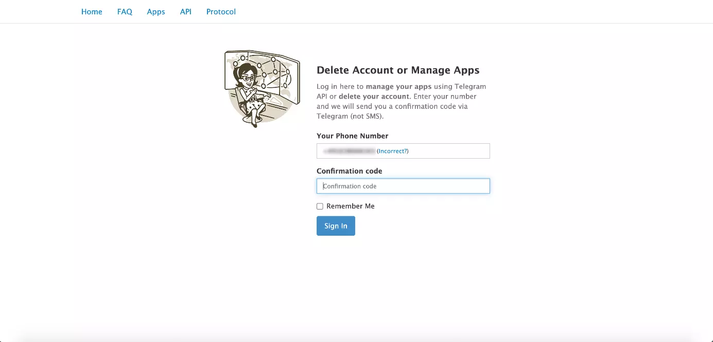 The Telegram webpage asking you to enter your confirmation code