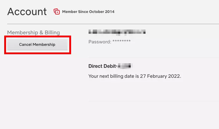 Netflix “Account” page, with “Cancel Membership” option