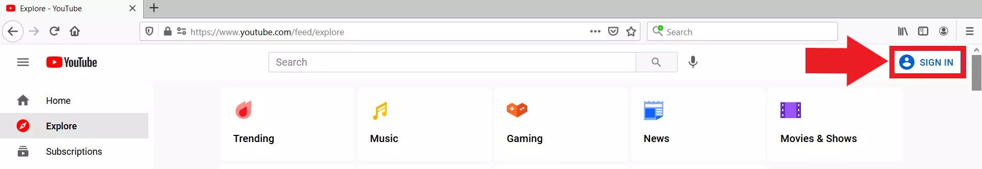 YouTube website: Sign in button