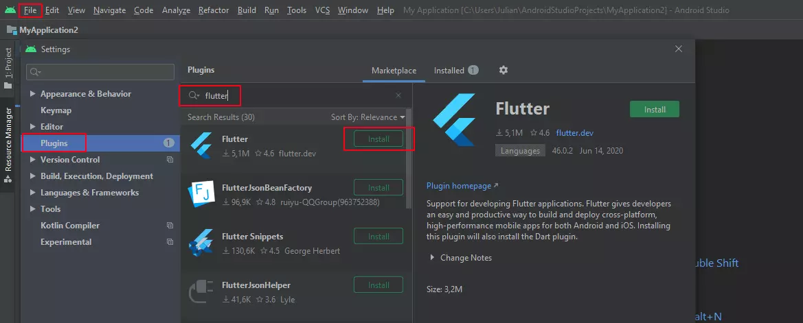 Installing the Flutter plugin in Android Studio