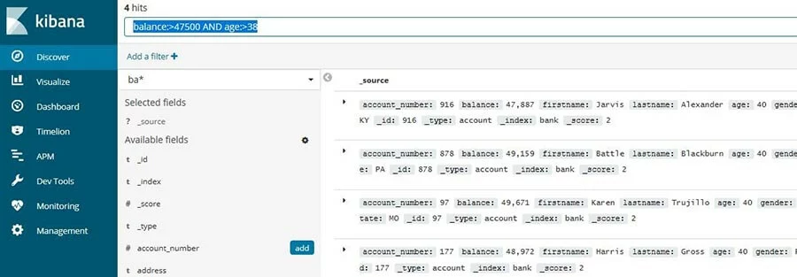 Kibana: results of data set filtering