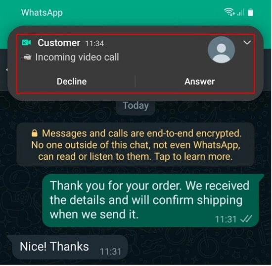 “Decline” or “Answer” an incoming WhatsApp video call