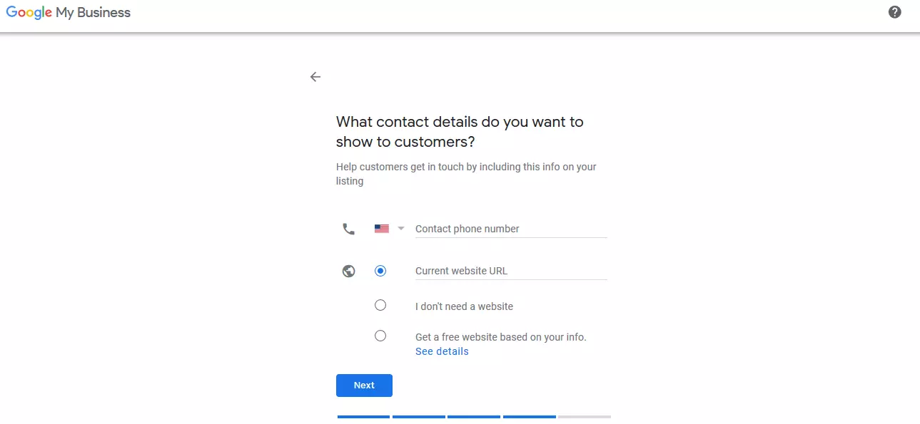 Google My Business: Selection of contact options