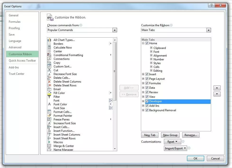 Excel options menu: Customize ribbon