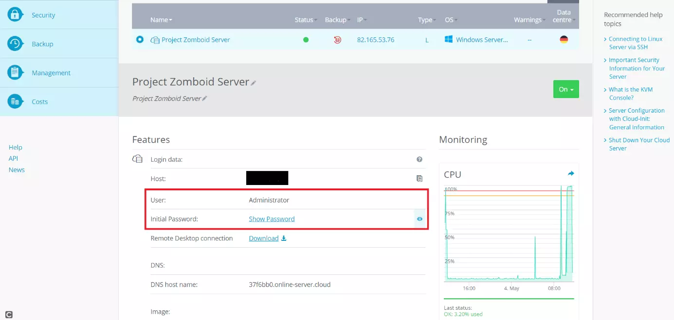 Server login data in the Cloud Panel