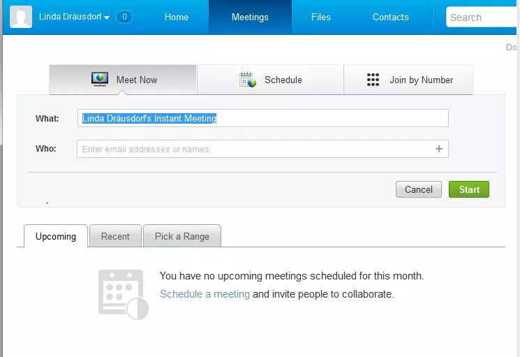 WebEx: 'Meetings' menu