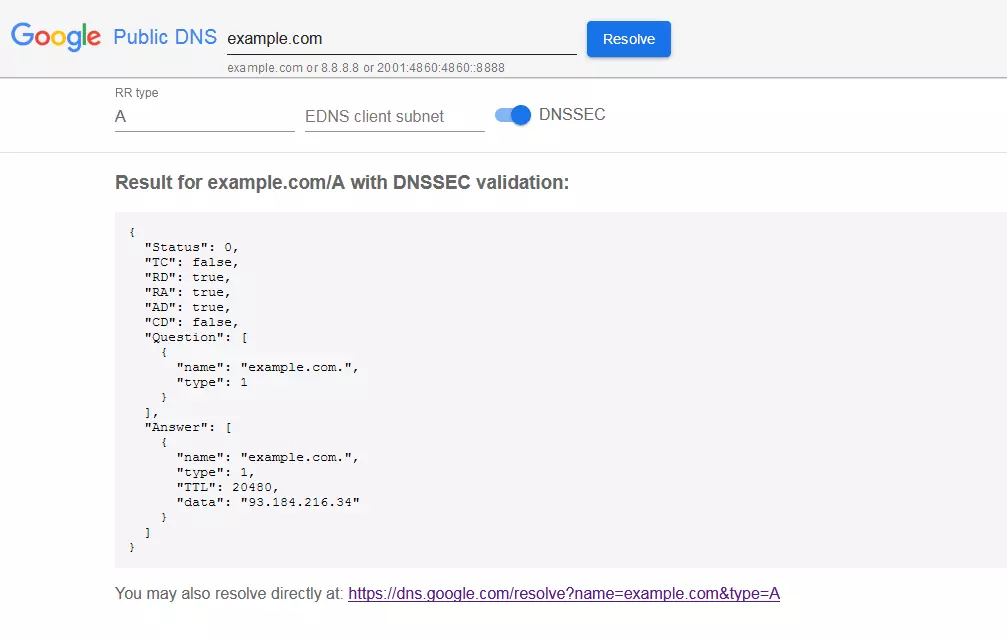 Result of an A record lookup using the Google Public DNS service