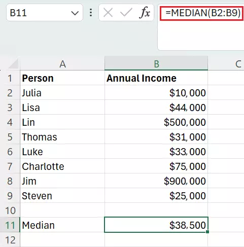 Excel: Calculate median with an even number of values