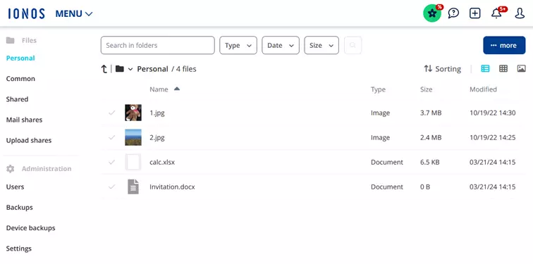 HiDrive cloud storage user interface