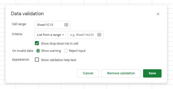 Google Sheets: “Data validation” window