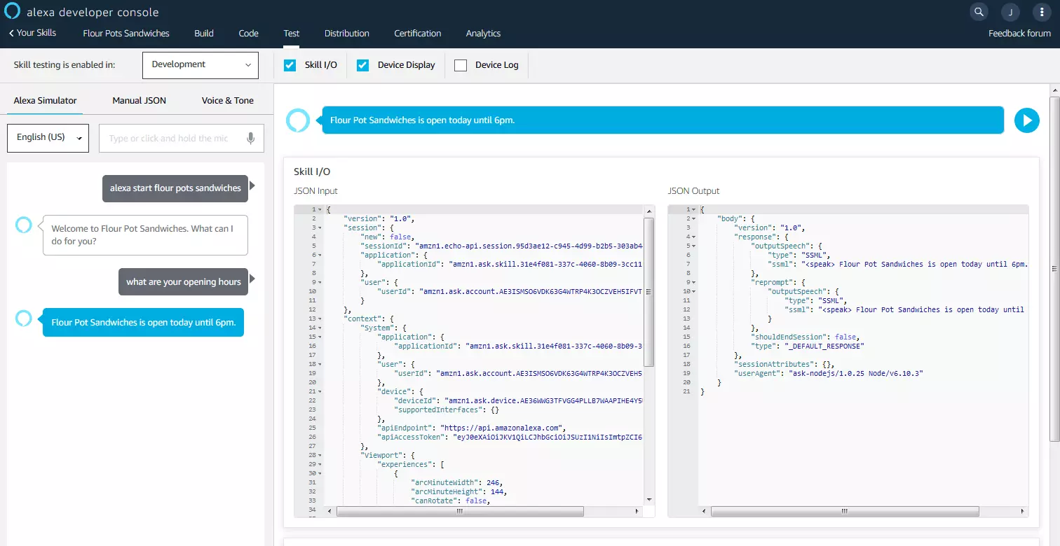 Alexa Developer Console: test environment