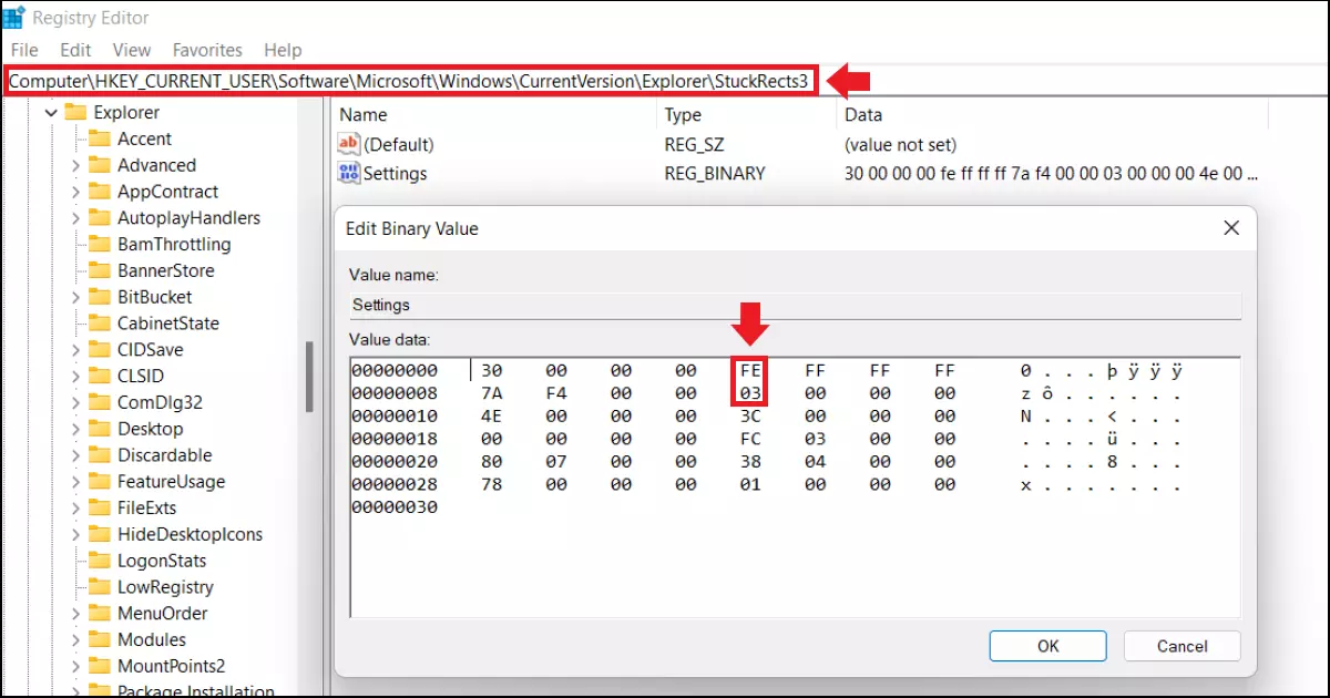 The registry submenu “Settings” for the position of the taskbar