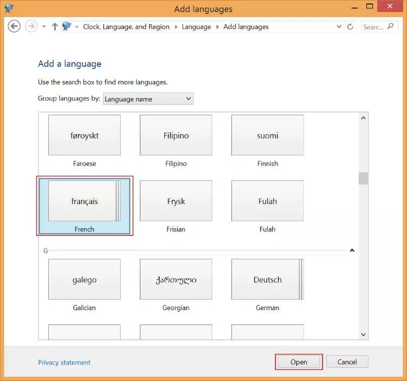 Select language in “Add a language” dialog window