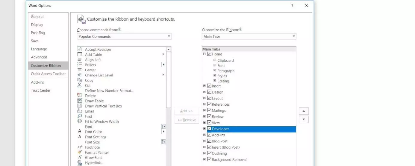 Word 2016: “Customize the Ribbon” in the Word options