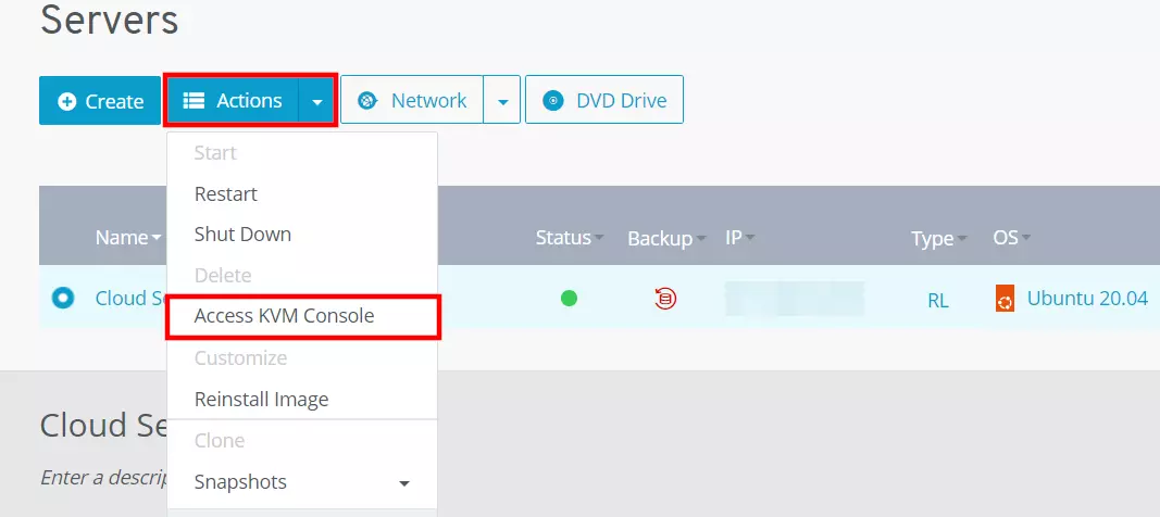 Start the KVM console in your IONOS customer portal