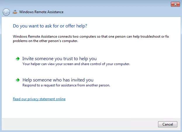 Query window for Windows remote support where you specify whether you need help or are offering help