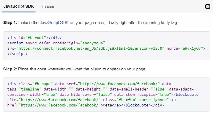 Code snippet of Facebook Developer page for embedding