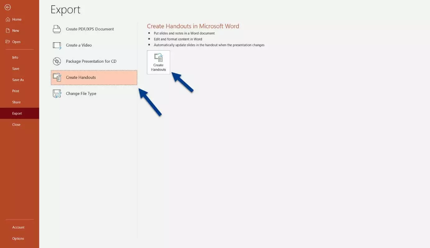 Converting PowerPoint to Word using “Create Handouts”