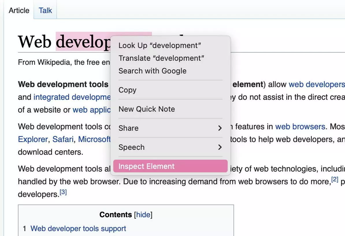 Context menu with “inspect element” in Safari