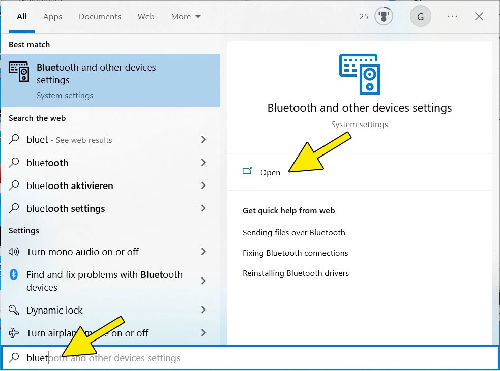 Screenshot Windows 10: Search bar and search result “Bluetooth and other device settings”