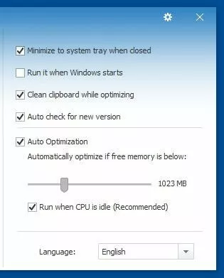 Options menu of Wise Memory Optimizer