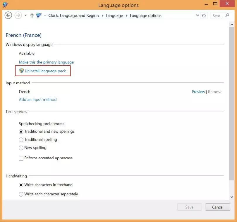 Deinstallation of language pack in Windows 8.