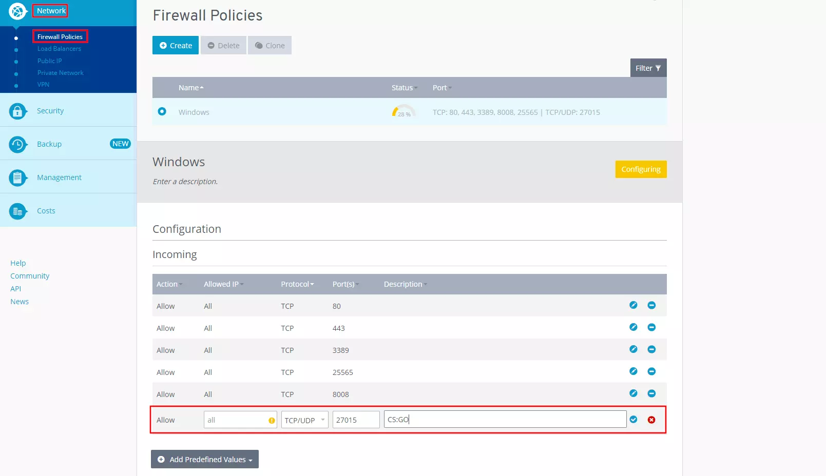 Firewall policies in IONOS Cloud Panel