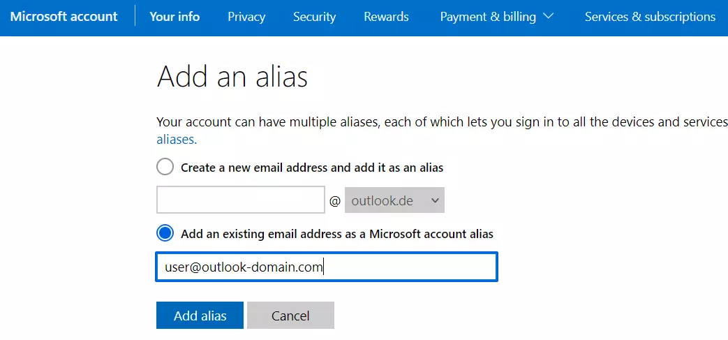 Add email alias in Outlook