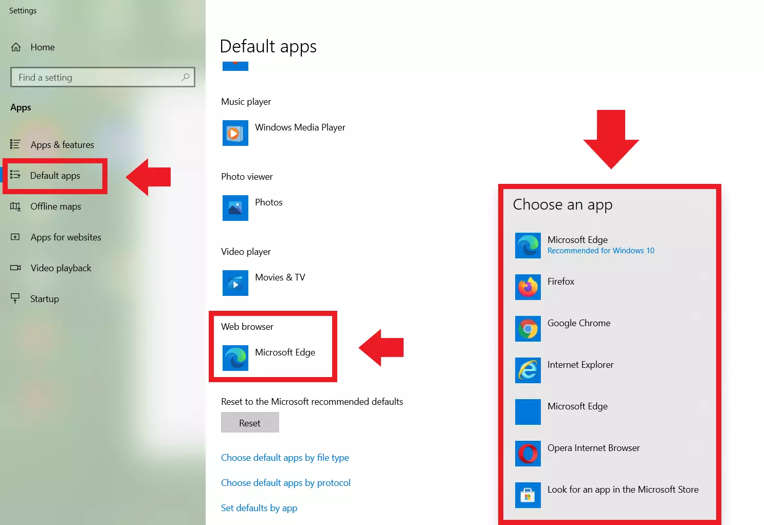 Windows Settings: “Default apps” > Web browser selection