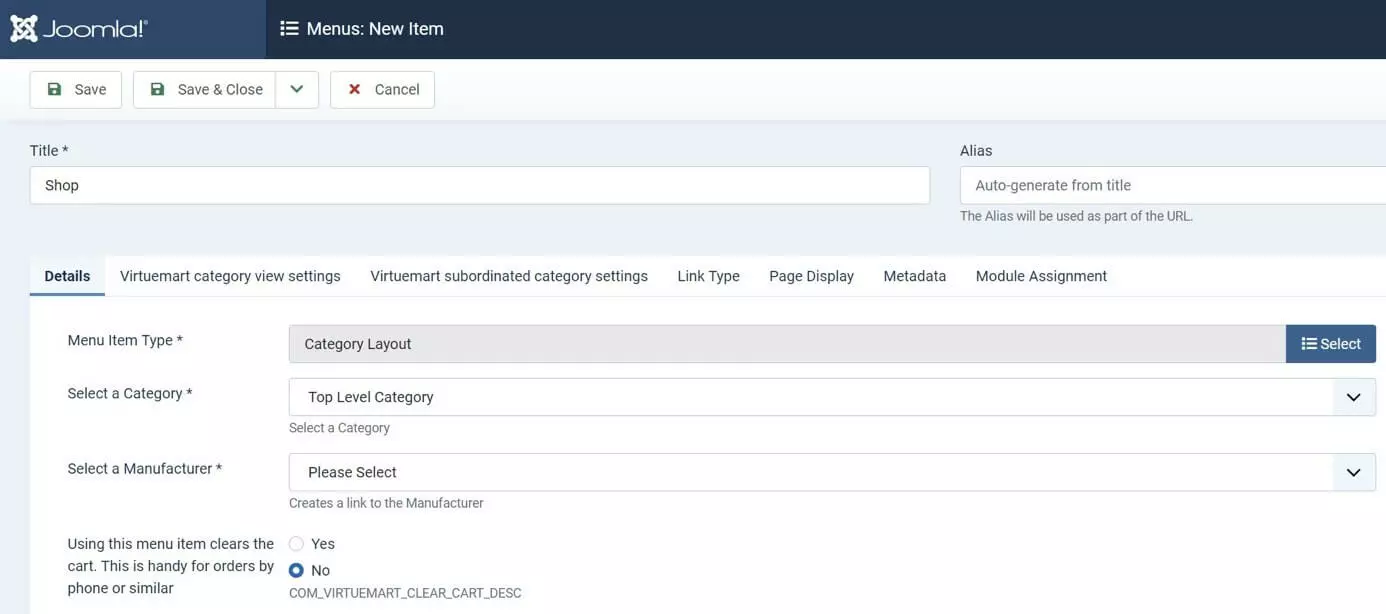 Joomla: Web store integration in the main navigation