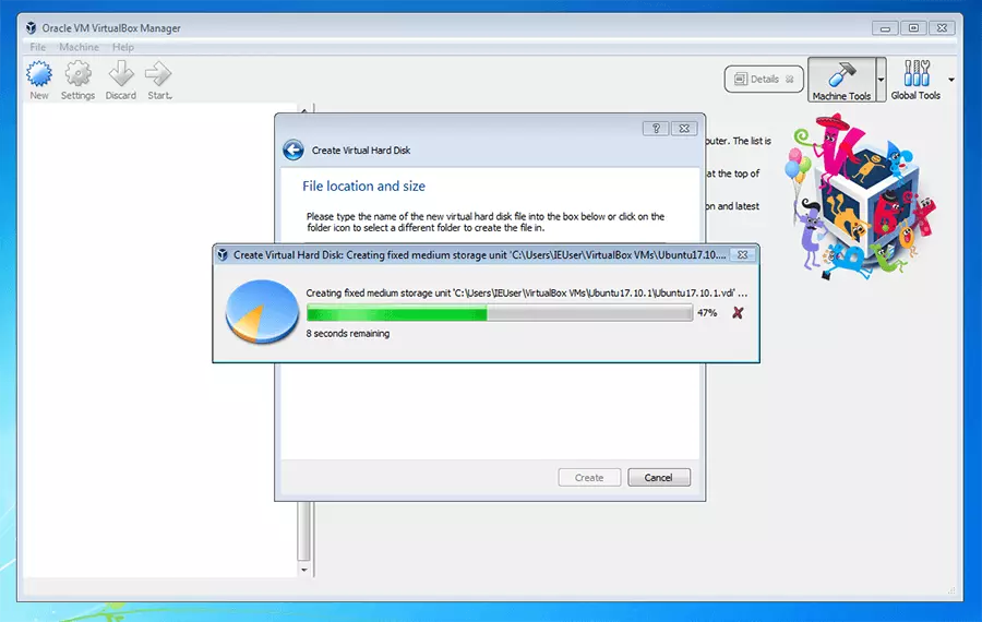 Oracle VM VirtualBox Manager: creation process progress