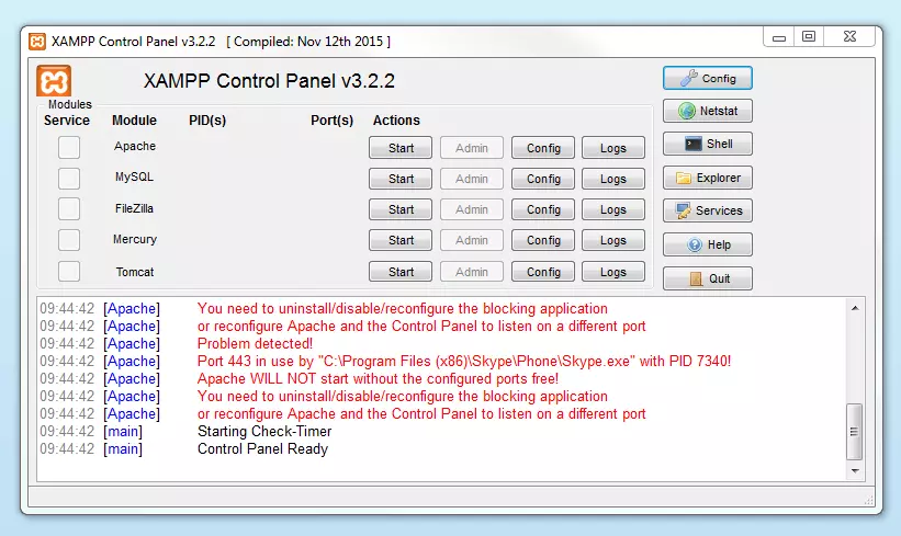 XAMPP Control Panel: error reports