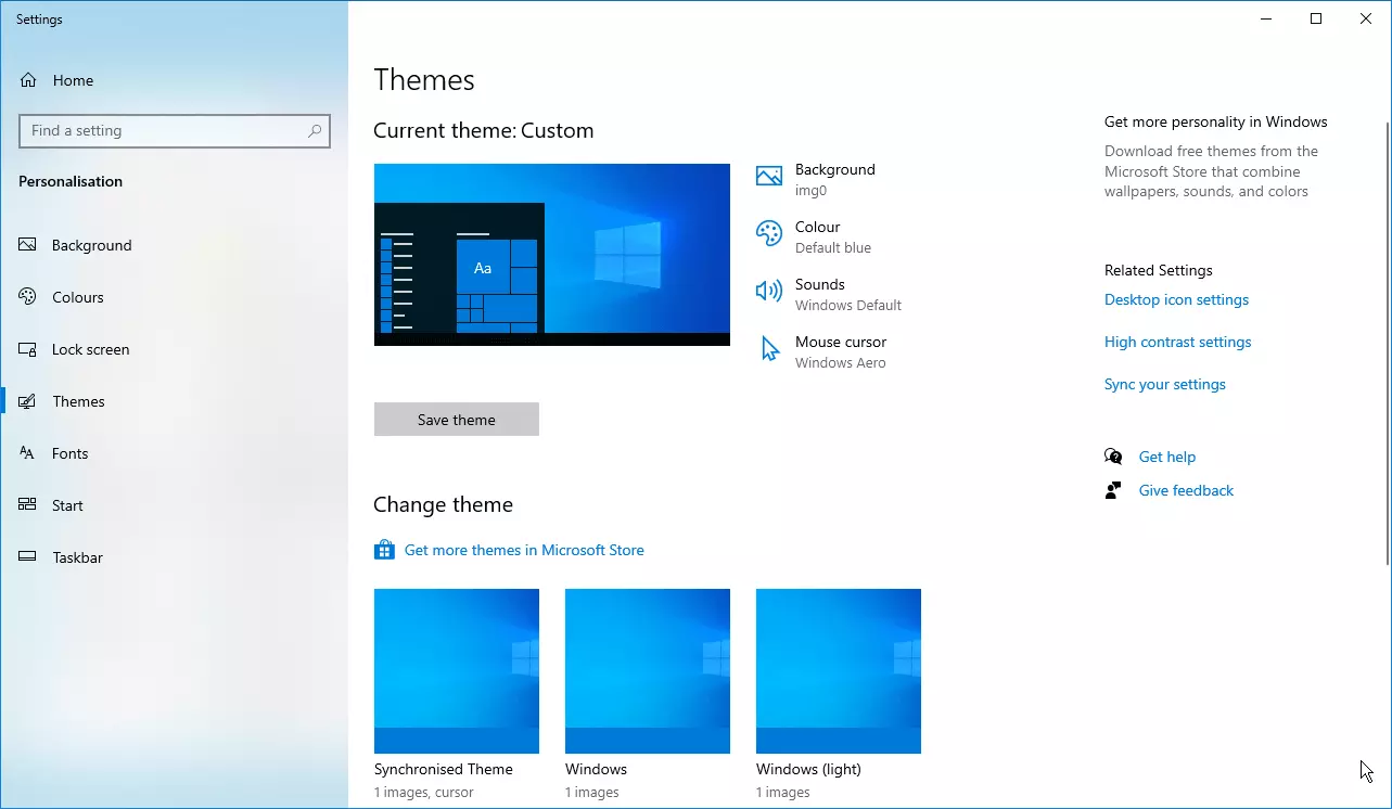 Windows 10 Settings: Personalization / Themes