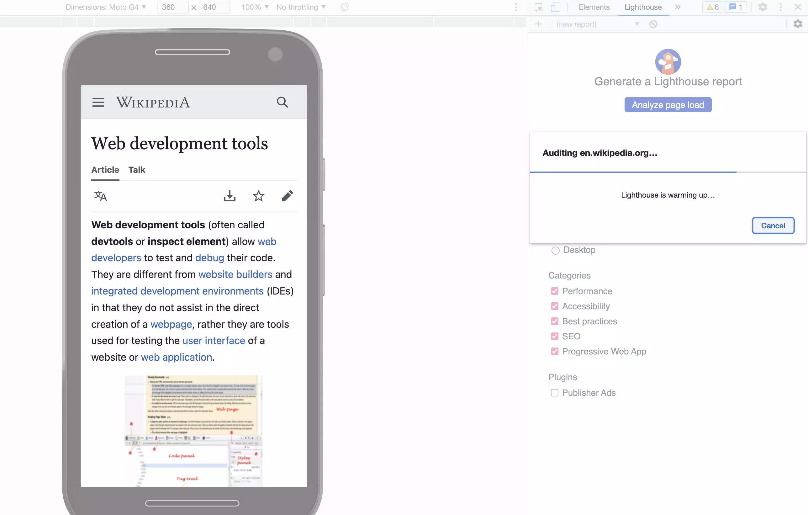 Testing a mobile with Lighthouse in Chrome DevTools