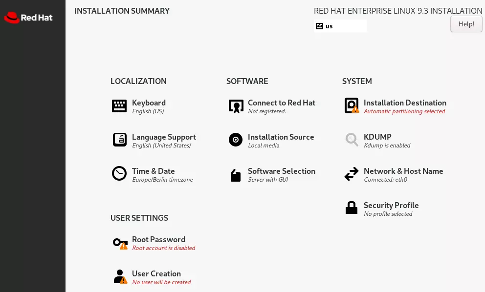 Screenshot of the RHEL 9 installation menu