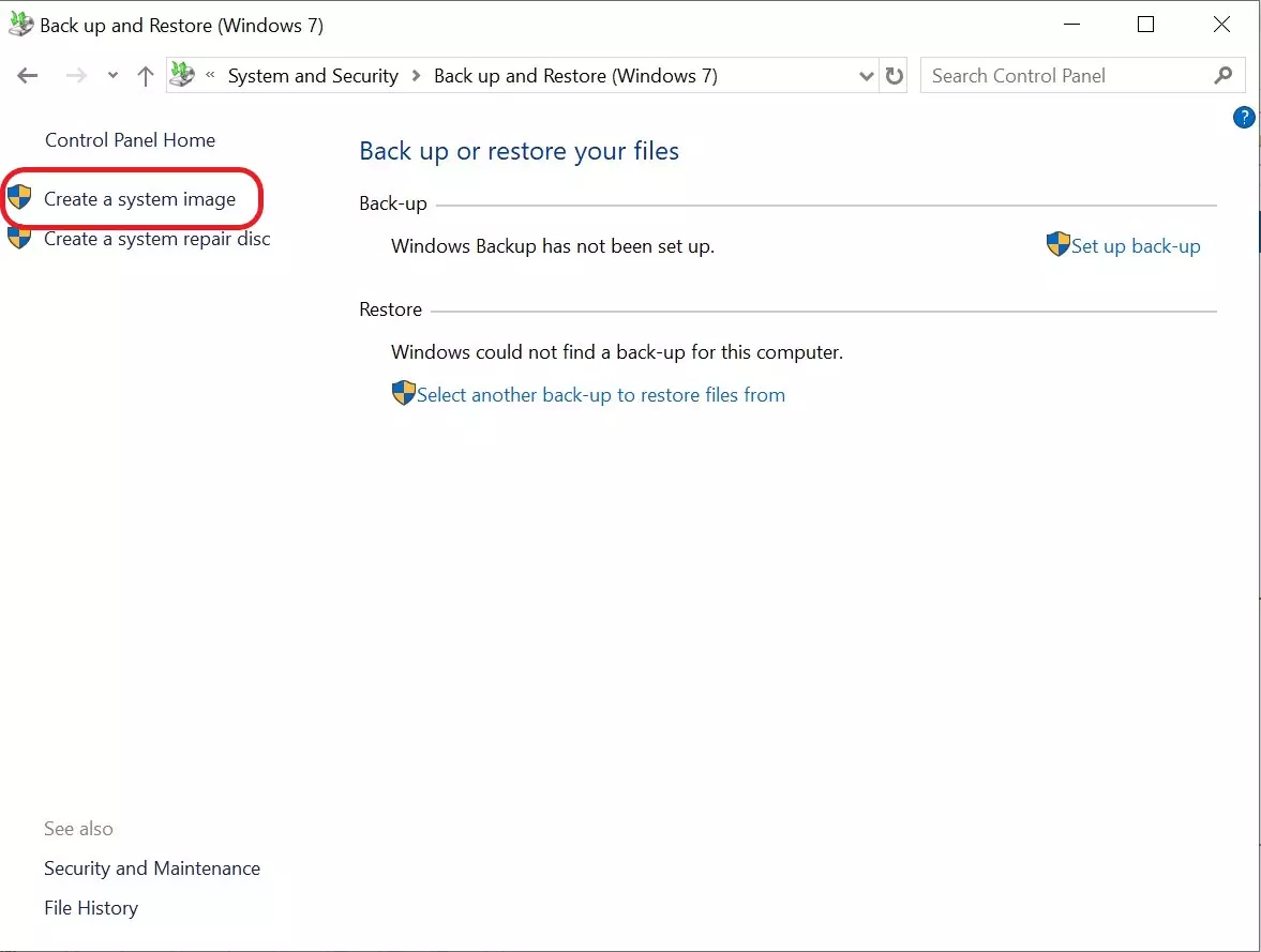 “Create a system image” in the Windows 10 backup settings