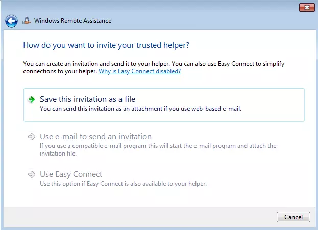 Query window where you choose how to send the invitation: Save the file, send it as an email, or use Easy Connect