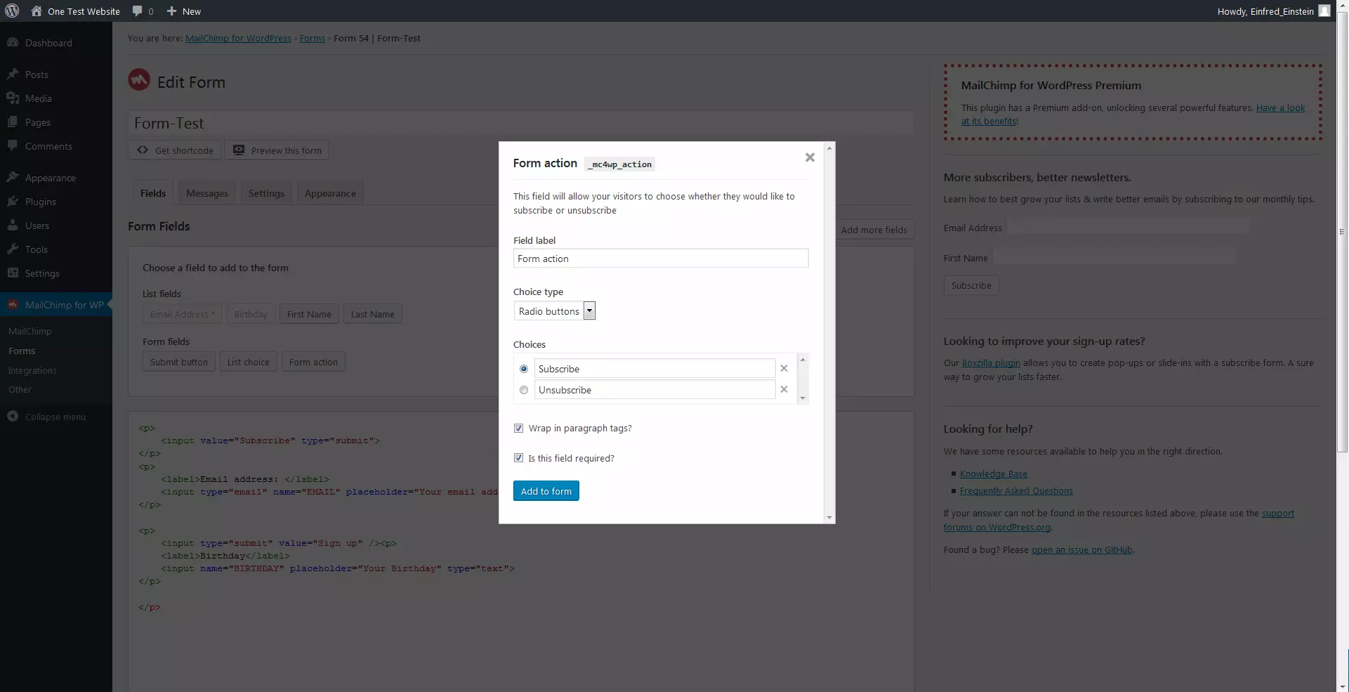 Settings for the ‘form action’ option